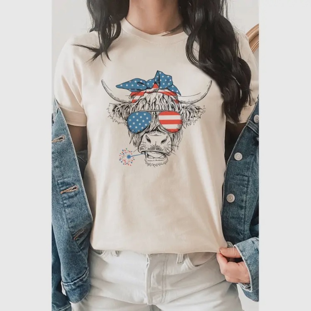 Patriotic Highland Cow Graphic Tee